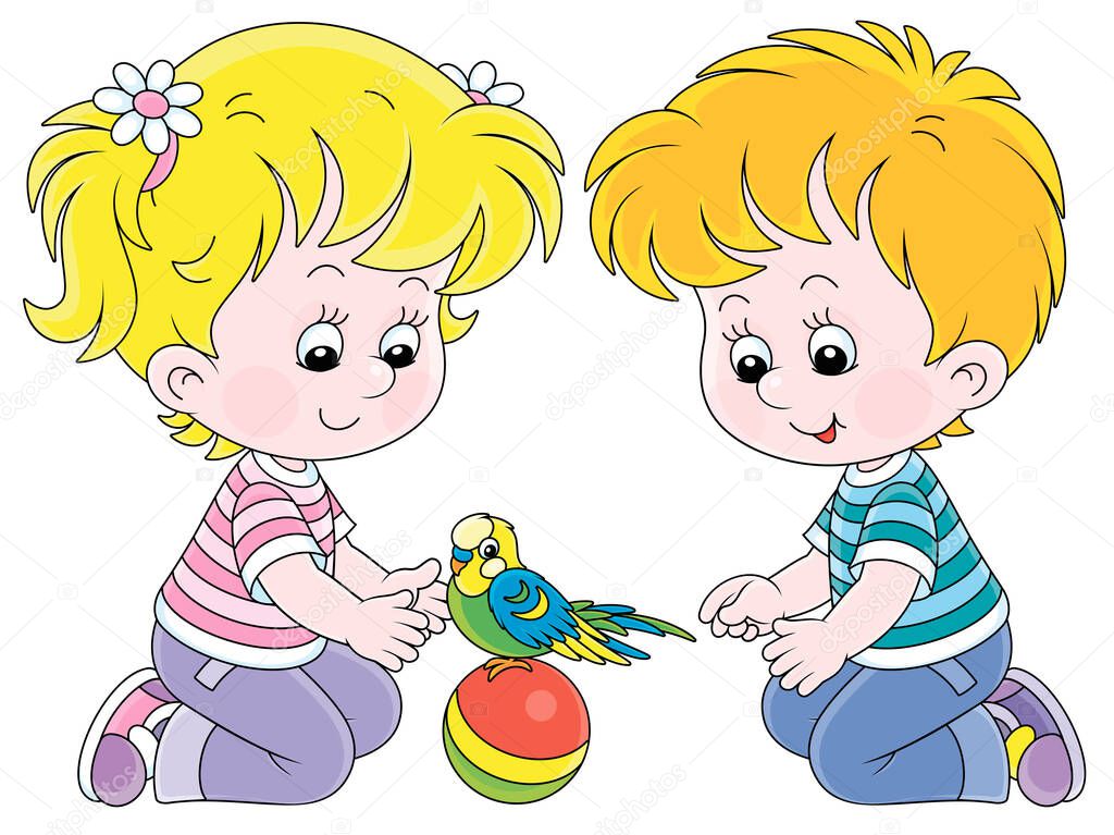 Cheerful little children playing with a funny small parrot with a colorful plumage and a long tail, vector cartoon illustration on a white background