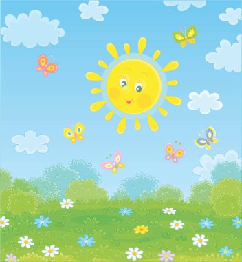Friendly smiling sun playing with cheerful colorful butterflies flittering over a green field with beautiful flowers on a pretty summer day, vector cartoon illustration clipart