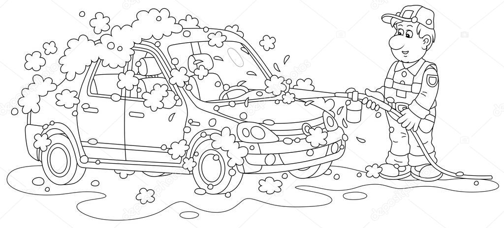 Car wash, a funny worker in uniform washing an automobile with auto shampoo and pressured water on a service station, black and white outline vector cartoon illustration