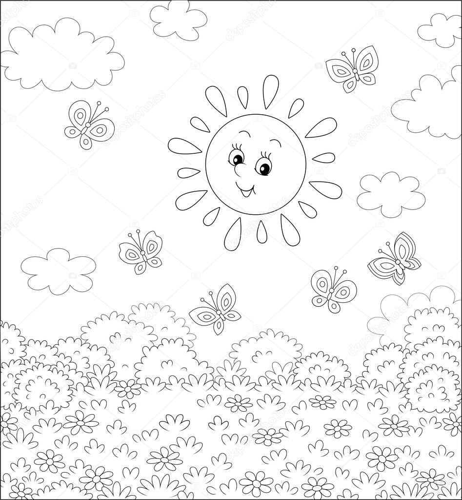 Friendly smiling sun playing with cheerful butterflies flittering over a summer field with beautiful flowers on a pretty warm day, black and white outline vector cartoon illustration