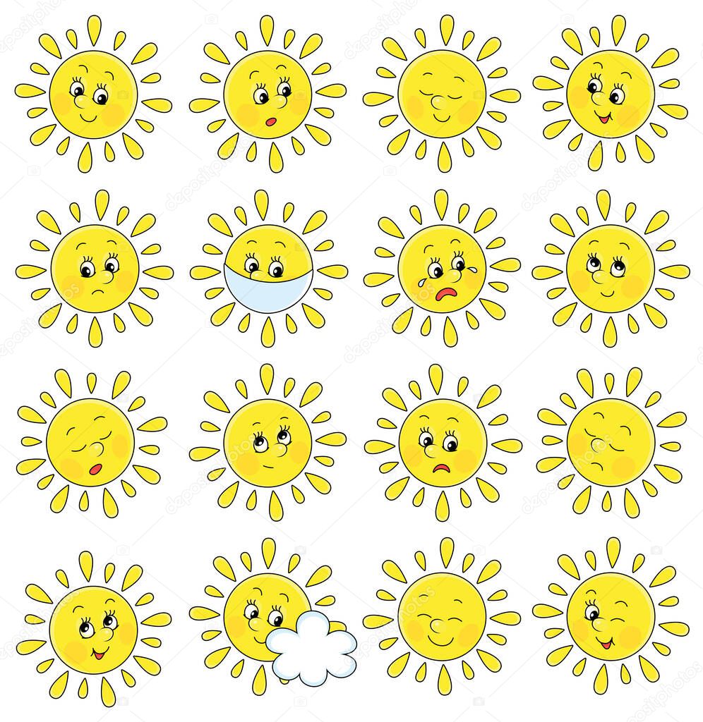 Set of funny yellow sun emoticons with smiling, sad and many other faces of toy characters with different emotions, vector cartoon illustrations on a white background