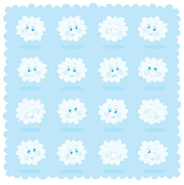 Conjunto Emoticons Nuvens Chuvosas Brancas Engraçadas Com Sorrisos Tristes Muitas — Vetor de Stock