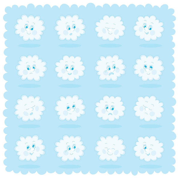 Set of funny white rainy cloud emoticons with smiling, sad and many other faces of toy characters with different emotions, vector cartoon illustrations