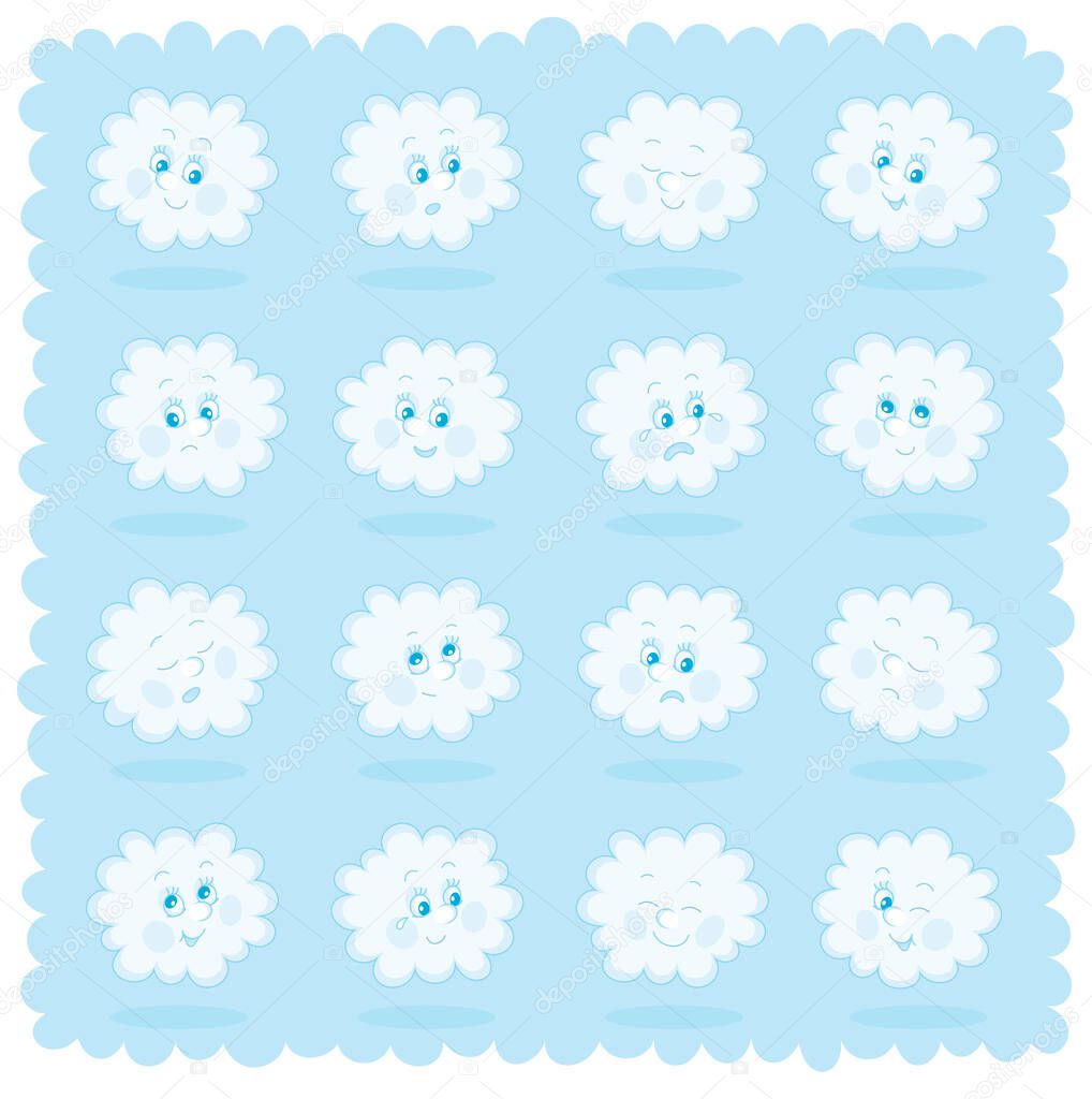 Set of funny white rainy cloud emoticons with smiling, sad and many other faces of toy characters with different emotions, vector cartoon illustrations