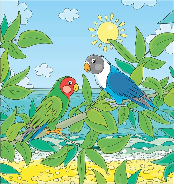 在阳光明媚的夏日里 栖息在热带丛林的绿树枝头上 栖息在蓝色的大海背景上 用鲜亮的羽毛装饰着五彩斑斓的鹦鹉 — 图库矢量图片