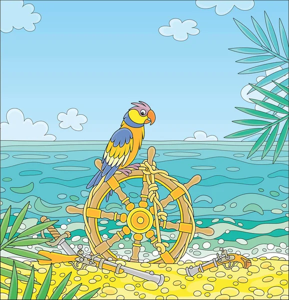 在一个阳光明媚的夏日里 一只色彩斑斓的海盗鹦鹉栖息在一个热带海域的沙滩上 它带着绳子 手枪和一把长剑 坐在一艘旧船的掌舵上 — 图库矢量图片