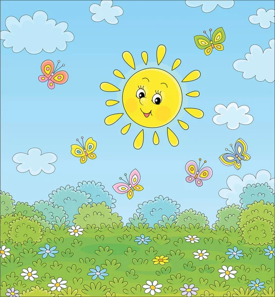 在一个美丽的夏日里 和蔼可亲的微笑着的太阳和欢快多彩的蝴蝶一起在绿地上飞舞 绿地上开满了美丽的花朵 — 图库矢量图片