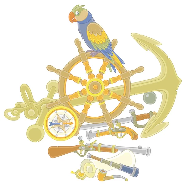 有趣的海盗鹦鹉 带着一把旧木舵 一个船锚 一把步枪 一把手枪 一个指南针和其他东西从一艘长笛帆船 一个白色背景上的矢量卡通画 — 图库矢量图片