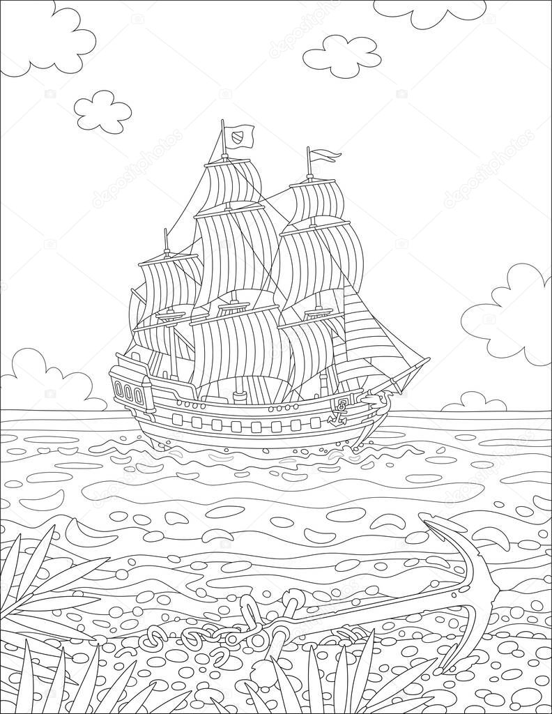 Old sailing ship with guns going under full sail in front of a tropical island with an abandoned anchor on a sand deserted beach with palm branches on a summer day, vector cartoon illustration