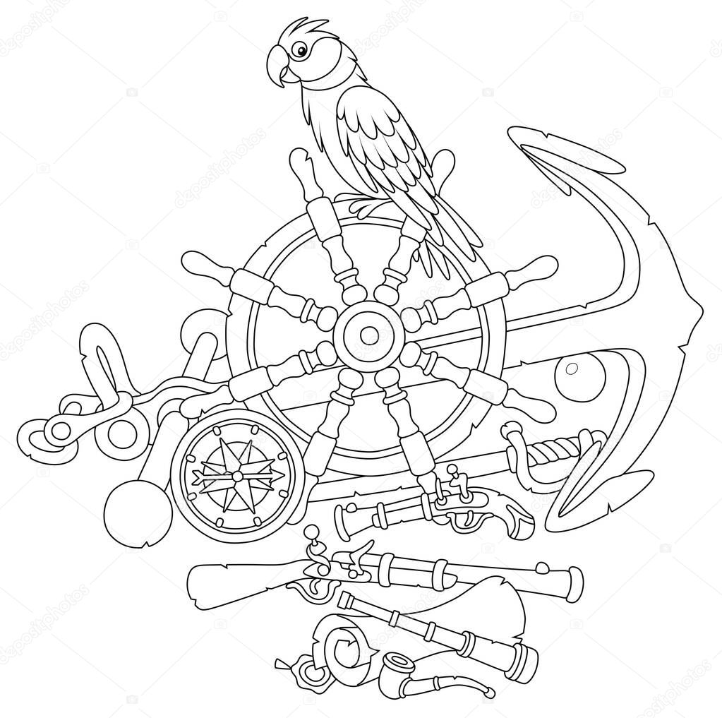Funny pirate parrot with an old wooden helm, a ship anchor, a musket, a pistol, a compass and other things from a filibuster sailboat, black and white vector cartoon illustration for a coloring book