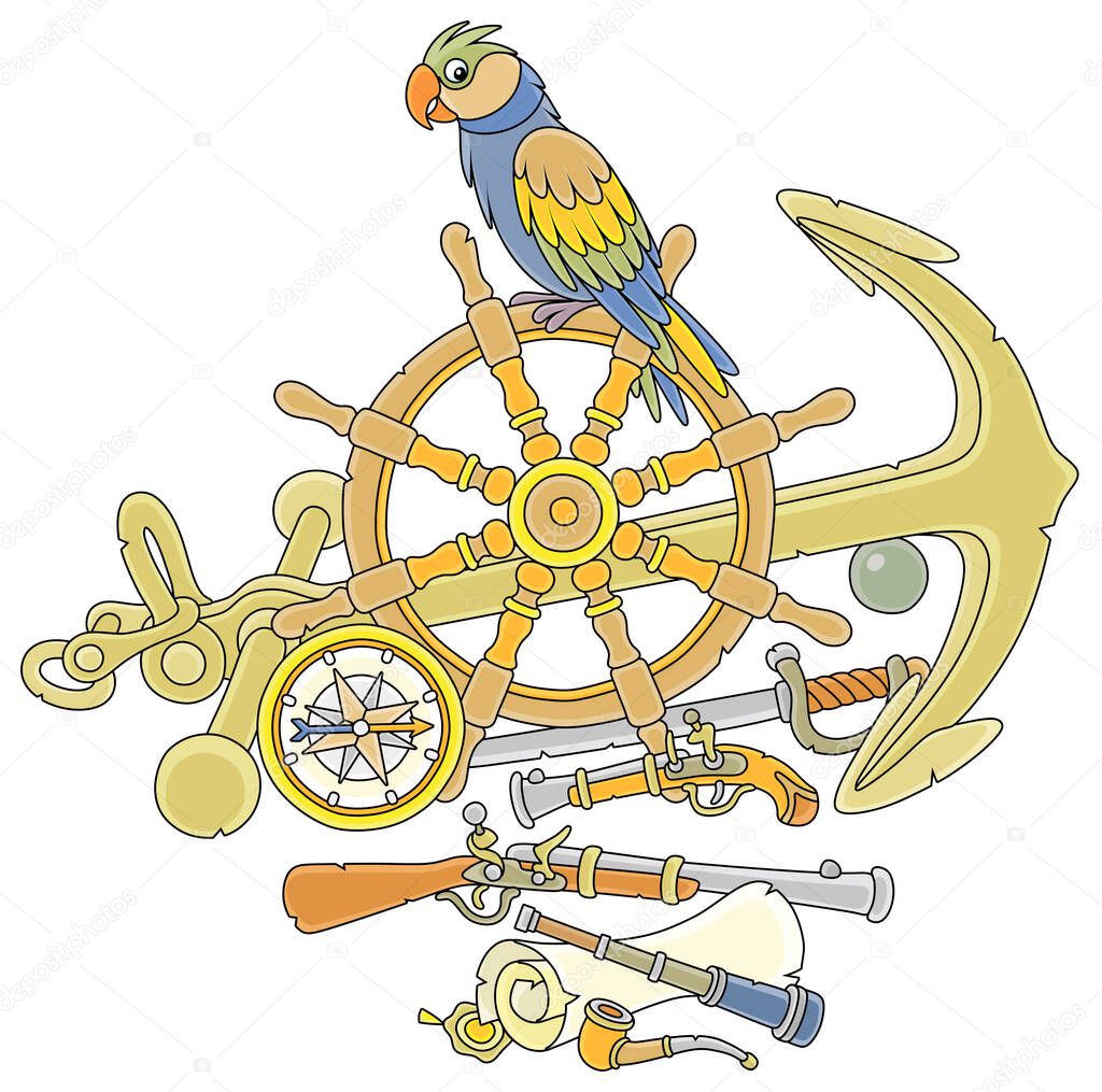 Funny pirate parrot with an old wooden helm, a ship anchor, a musket, a pistol, a compass and other things from a filibuster sailboat, vector cartoon illustration on a white background