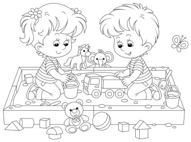 Happy small children friendly smiling, romping and playing with their funny toys in a sandbox on a playground in a summer park, black and white vector cartoon illustration for a coloring book page clipart