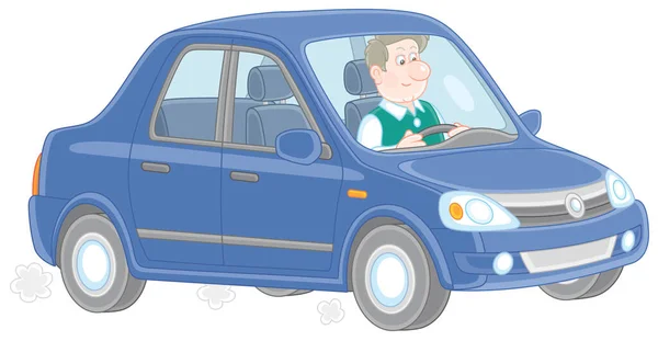 Amistoso Joven Sonriente Conduciendo Nuevo Coche Hermoso Ilustración Dibujos Animados — Vector de stock