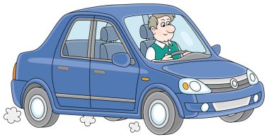 Dostça gülümseyen genç adam yeni güzel arabasını sürüyor. Beyaz bir arka planda vektör karikatür çizimi.