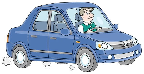 一个友善的微笑的年轻人驾驶着他的新车 白色背景上的矢量卡通画 — 图库矢量图片