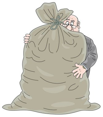 Yozlaşmış şişko memur para dolu büyük bir çantaya sarılıyor, beyaz arka planda vektör karikatür çizimi yapıyor.