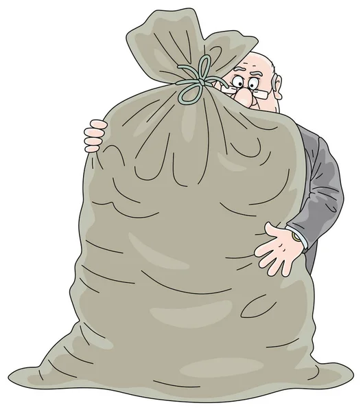 脂肪破損した公式抱擁A大きな袋フルお金 ベクトル漫画イラスト上の白い背景 — ストックベクタ