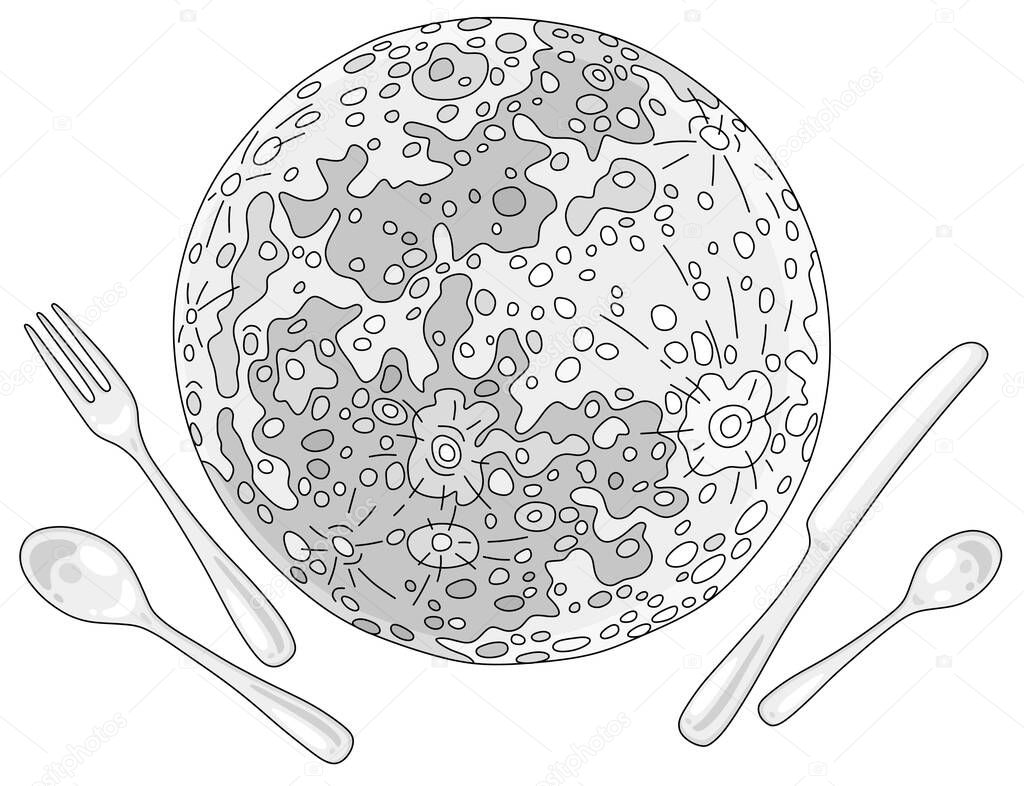 Division of the Moon, the satellite of the Earth served like a sweet cake on a platter for a holiday dinner, vector cartoon illustration on a white background