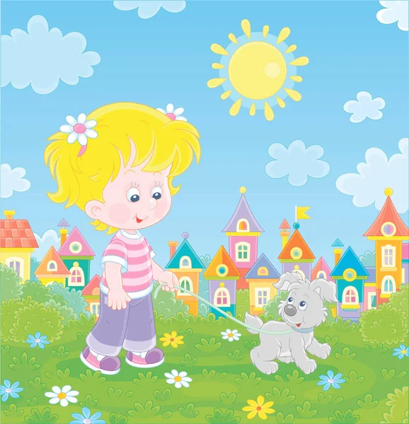 明るい夏の日に小さなカラフルな町の緑の公園で彼女の陽気な灰色の子犬と一緒に歩く陽気な女の子 ベクトル漫画のイラスト — ストックベクタ