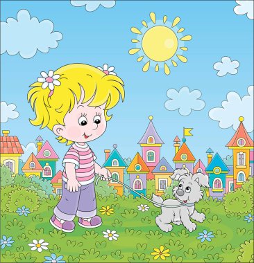 Cheerful little girl walking together with her merry grey puppy in a green park of a small colorful town on a sunny summer day, vector cartoon illustration clipart