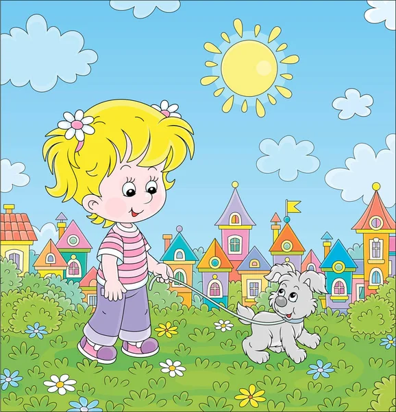 明るい夏の日に小さなカラフルな町の緑の公園で彼女の陽気な灰色の子犬と一緒に歩く陽気な女の子 ベクトル漫画のイラスト — ストックベクタ