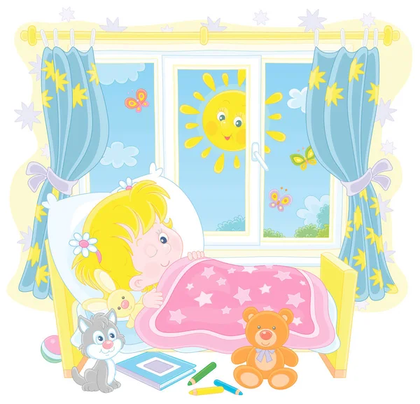 Niña Amigable Sonriendo Despertando Pequeña Cama Una Habitación Infantil Con — Archivo Imágenes Vectoriales