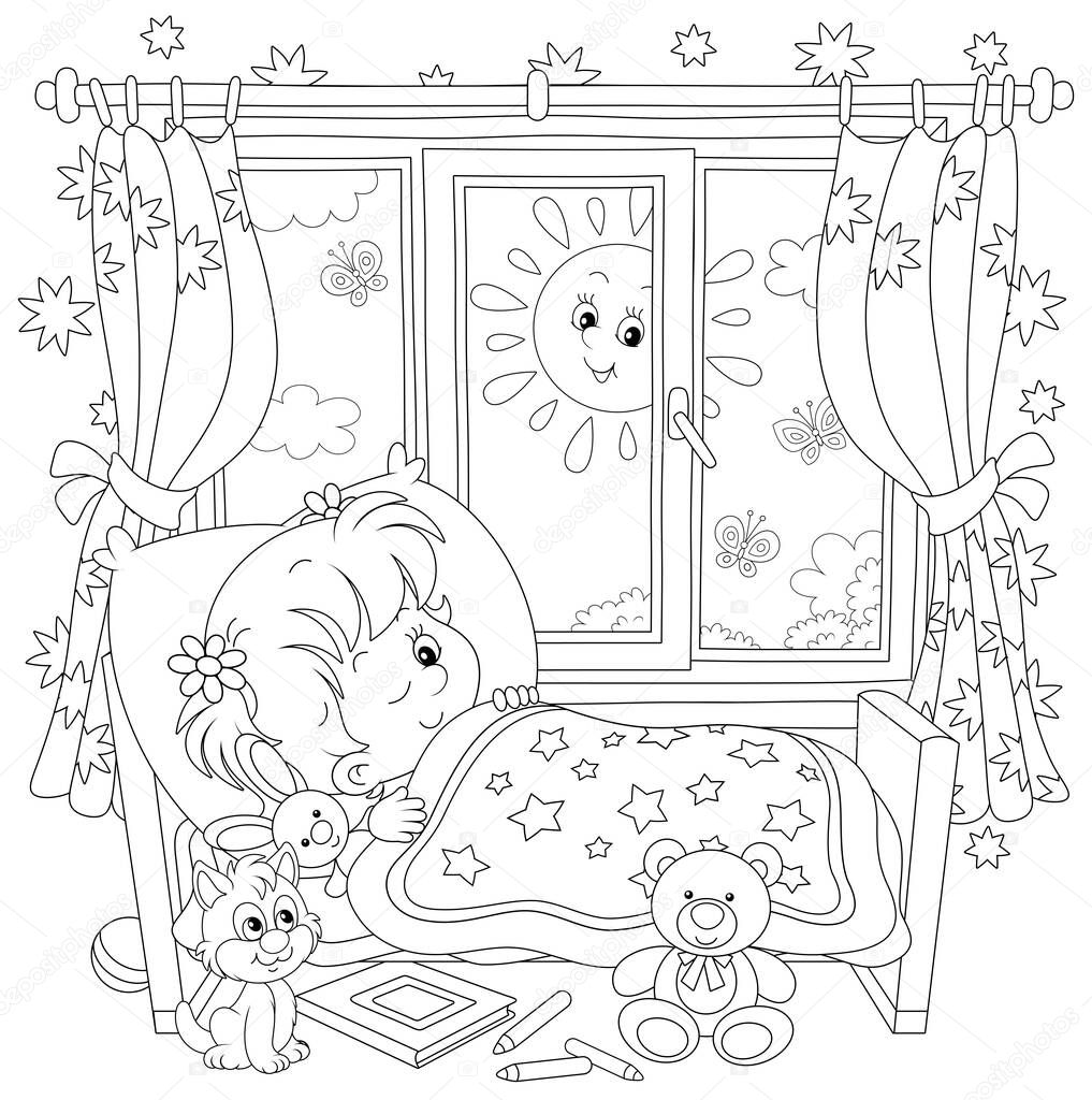 Little girl friendly smiling and waking up in her small bed in a nursery room with toys on a bright sunny morning, black and white outline vector cartoon illustration for a coloring book page