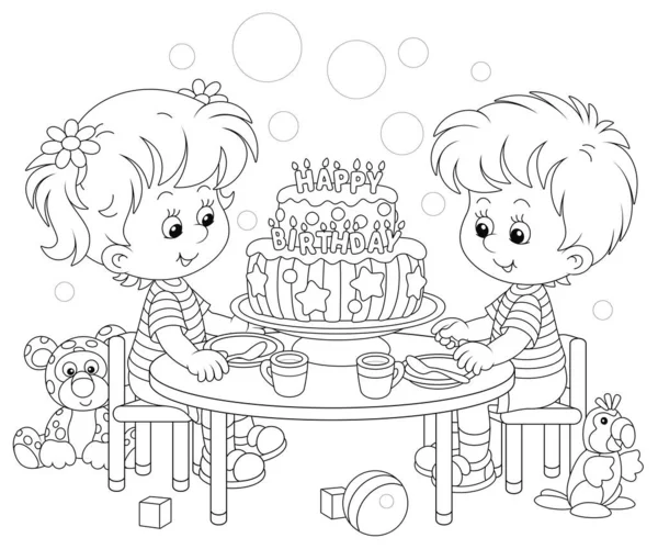 Happy Little Kids Friendly Smiling Sitting Festive Board Fancy Birthday — стоковый вектор