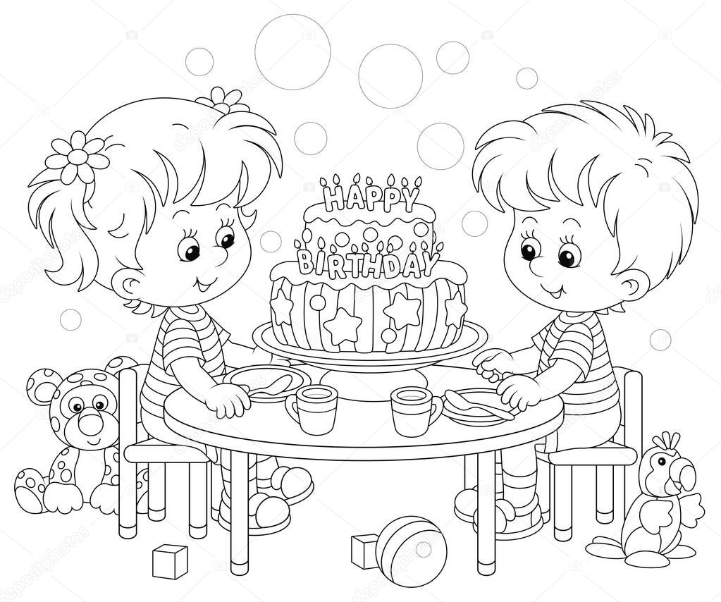Happy little kids friendly smiling and sitting round their festive board with a fancy birthday cake decorated with letters candles, black and white vector cartoon illustration for a coloring book page