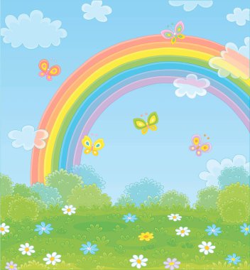 Colorful rainbow in the blue sky and cheerful butterflies flittering over a green field with beautiful flowers on a pretty summer day after warm rain, vector cartoon illustration clipart