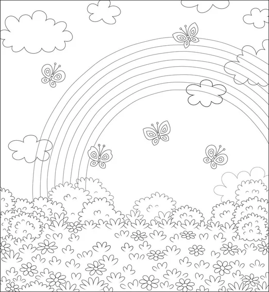 Яркая Радуга Небе Веселые Бабочки Летящие Над Полем Красивыми Цветами — стоковый вектор