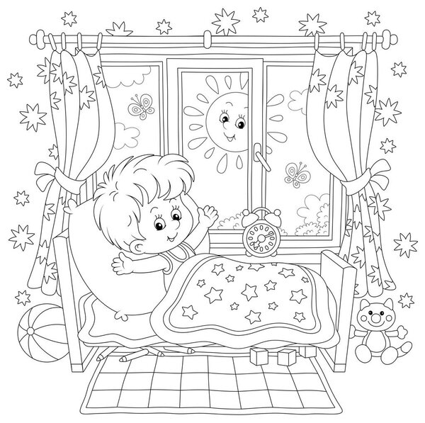 Little boy friendly smiling, waking up and stretching himself after sleep in his small bed in a nursery room with funny toys on a bright sunny morning, black and white vector cartoon illustration