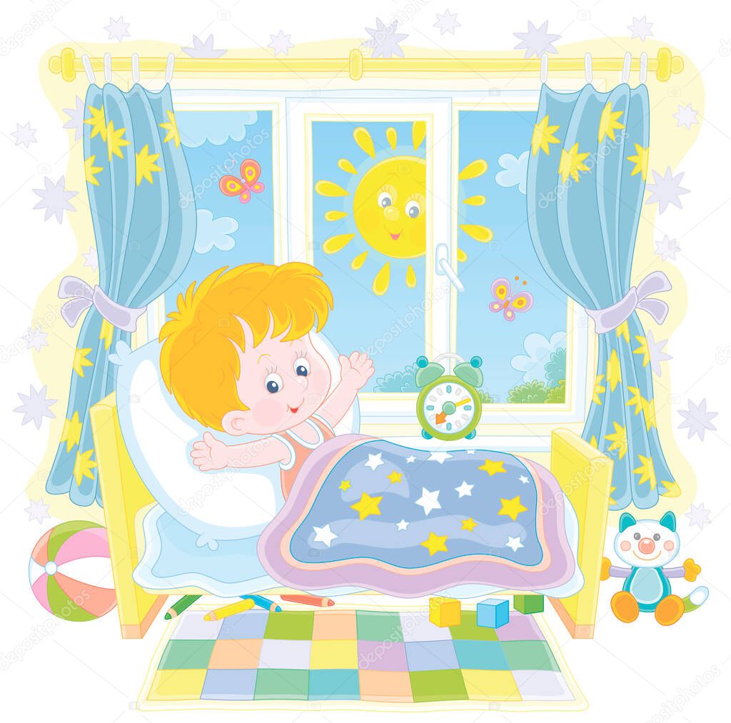 Little boy friendly smiling, waking up and stretching himself after sleep in his small bed in a nursery room with colorful toys on a bright sunny morning, isolated vector cartoon illustration