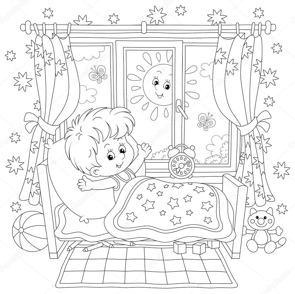 Little boy friendly smiling, waking up and stretching himself after sleep in his small bed in a nursery room with funny toys on a bright sunny morning, black and white vector cartoon illustration