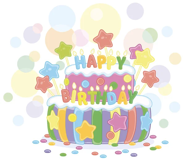 Fancy Colorful Sweet Birthday Cake Decorated Color Letters Candles Vector — Stock Vector