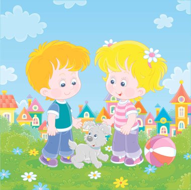 Smiling little children talking and walking together with a cheerful grey puppy in a green town park on a sunny summer day, vector cartoon illustration clipart