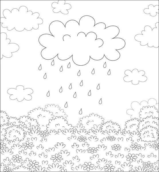 Funny Plump Rain Cloud Dripping Raindrops Field Beautiful Flowers Pretty — Stock Vector