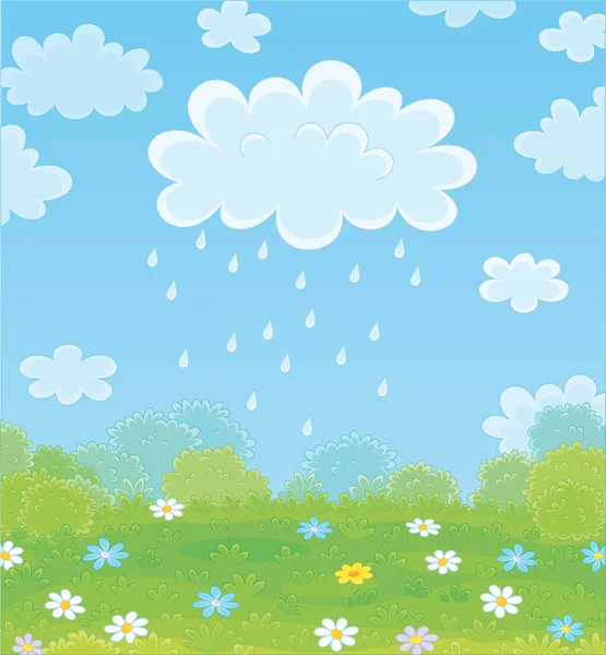 かなり夏の雨の日に美しい花と緑のフィールド上に滴下雨滴と面白いぽっちゃり雨雲 ベクトル漫画イラスト — ストックベクタ