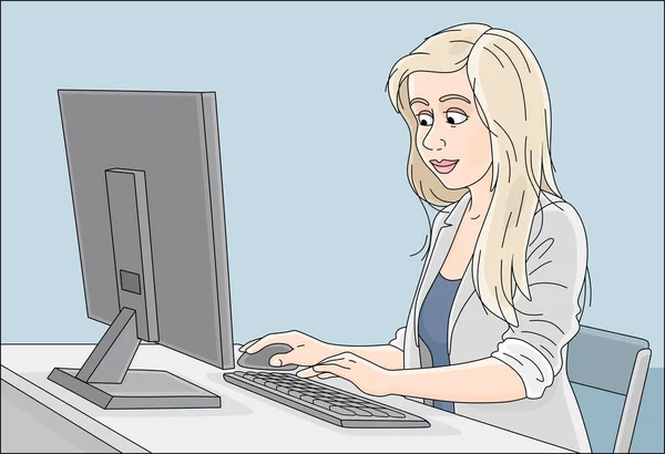 Gri Takım Elbiseli Ofiste Masada Masaüstü Bilgisayarında Çalışan Vektör Karikatür — Stok Vektör
