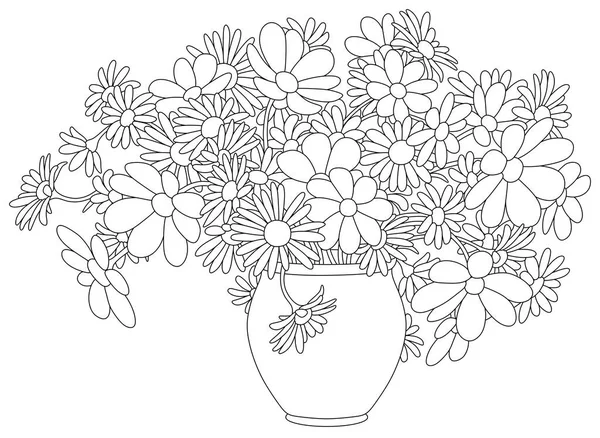 Sommerstrauß Schöner Gartenblumen Einer Vase Schwarz Weiße Vektor Cartoon Illustration — Stockvektor