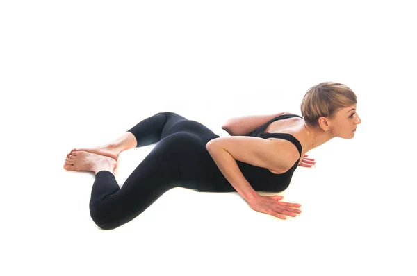 Vrouw Yoga Vormen Geïsoleerd Witte Achtergrond — Stockfoto