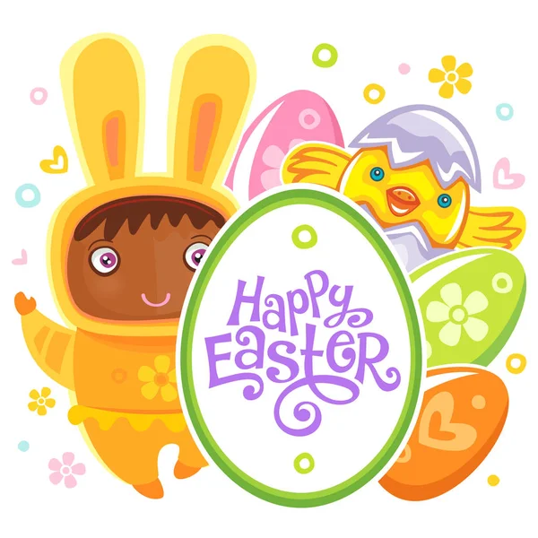 Easter Card with egg hunting rabbit child — Stock Vector