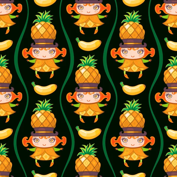 Seamless colorful pattern with Pineapple fruit girl. Vector background — Stock Vector