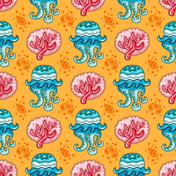 Seamless nautical pattern. Coral Jellyfish background — Stock Vector