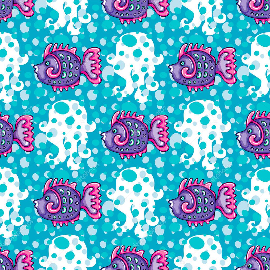 Seamless nautical pattern. Tropical fish and Jellyfish background.