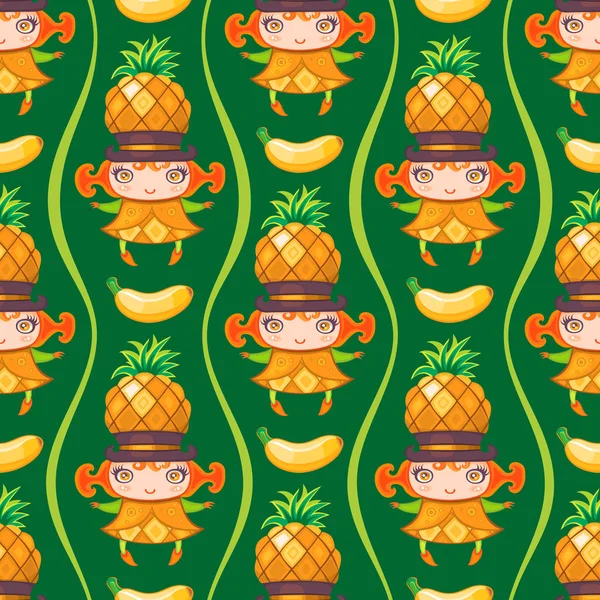 无缝的炫彩花纹与菠萝水果女孩。矢量果味背景系列 — 图库矢量图片
