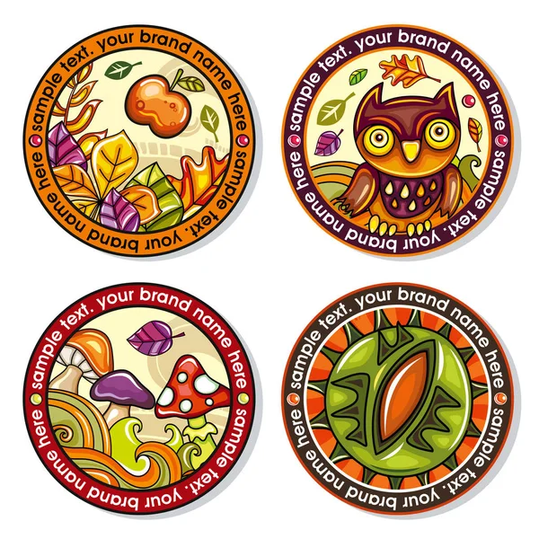 Vector set of Seasonal Autumn round drink coasters for cold, hot beverages. Cartoon fall designs for bar, pub, coffee shop, to place tea mug or beer bottle. Laves, nuts, owls, mushrooms and chestnuts — Stock Vector