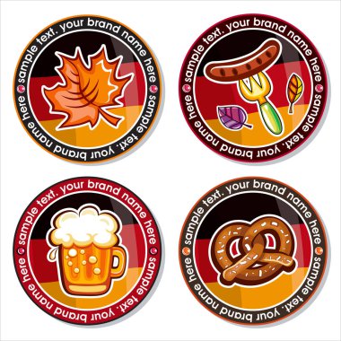 Oktoberfest içki bardak için kutlama bira bardağı ve diğer içecekler ayarlayın. Alman bayrağı, simit, sosisli sandviç, akçaağaç yaprağı. Vektör yuvarlak simgeler, Etiketler veya beyaz arka plan üzerinde izole etiketleri