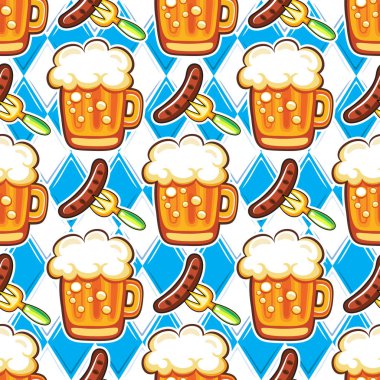 Oktoberfest bira seamless modeli. Bira ve sosis yinelenen karikatür renkli kupalar. Vektör