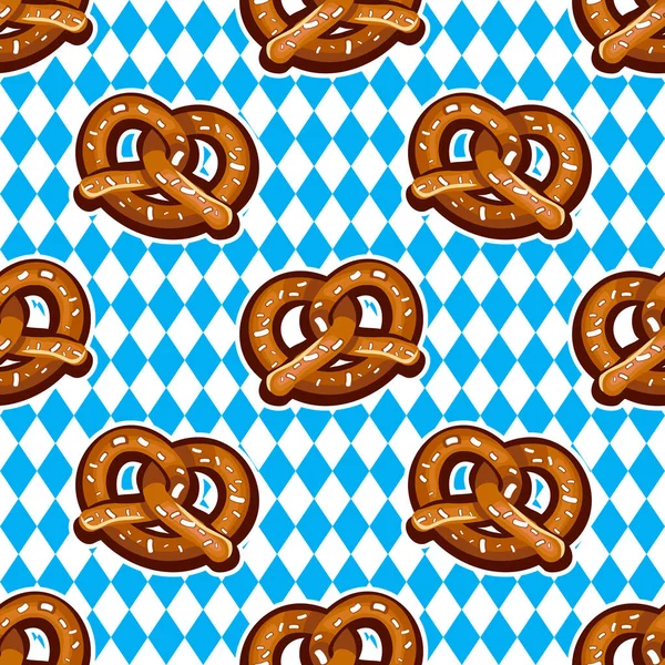 Modello senza cuciture con pretzel per Oktoberfest su sfondo bandiera bavarese . — Vettoriale Stock